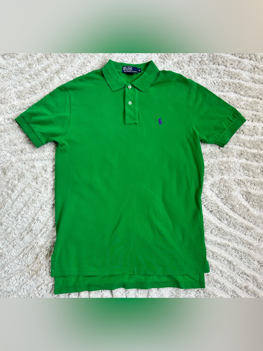 Ralph Lauren Men's Bright Green Cotton Polo with purple logo-vintage